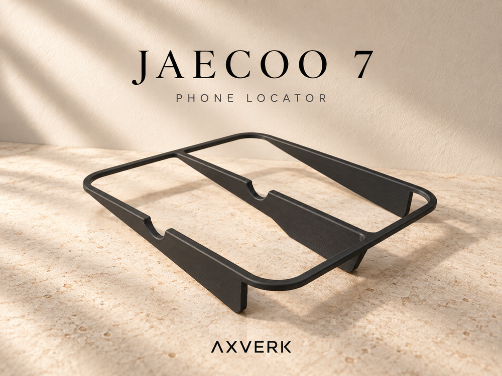 AXVERK JAECOO 7 Phone Locator — black ASA frame on a warm neutral background; styled product visualisation.